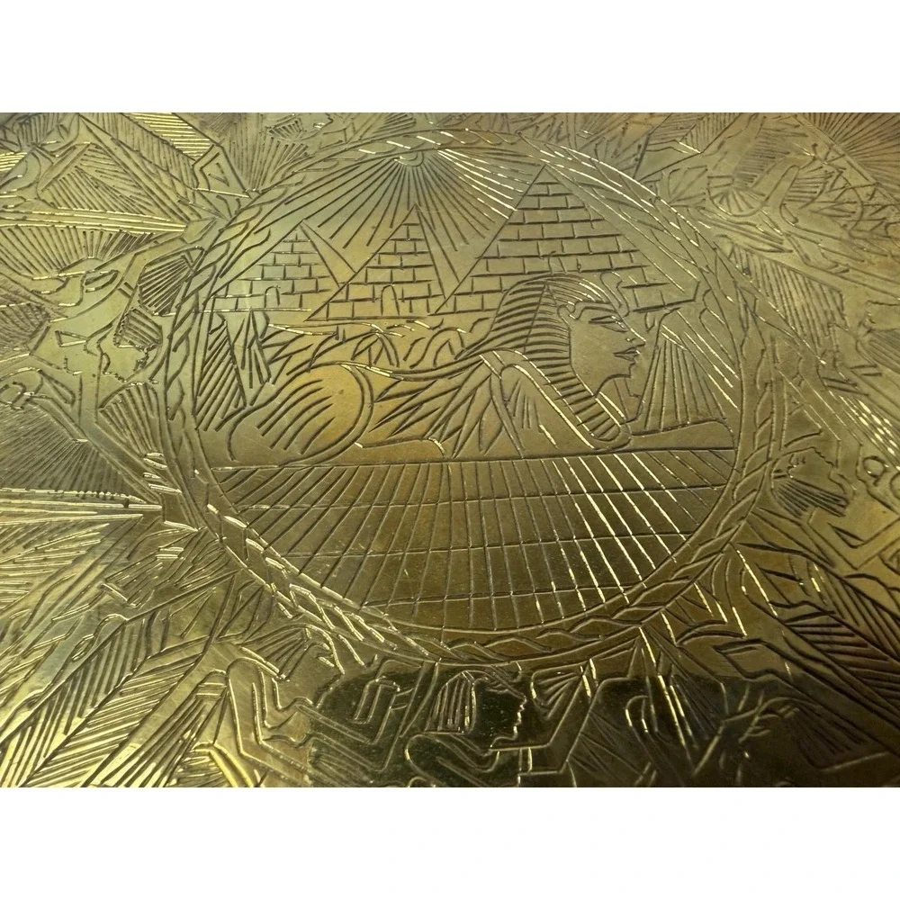 Brass Etched‎ Dish Plate Egyptian Theme Pyramids Wall Hanging Decor Vintage
